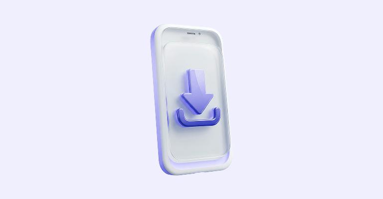 Uygulamayı indir adımı: ekranda indirme simgesi olan beyaz akıllı telefon illüstrasyonu
