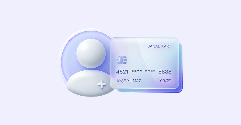 Hesap oluştur adımı: kullanıcı simgesi ve sanal kart illüstrasyonu